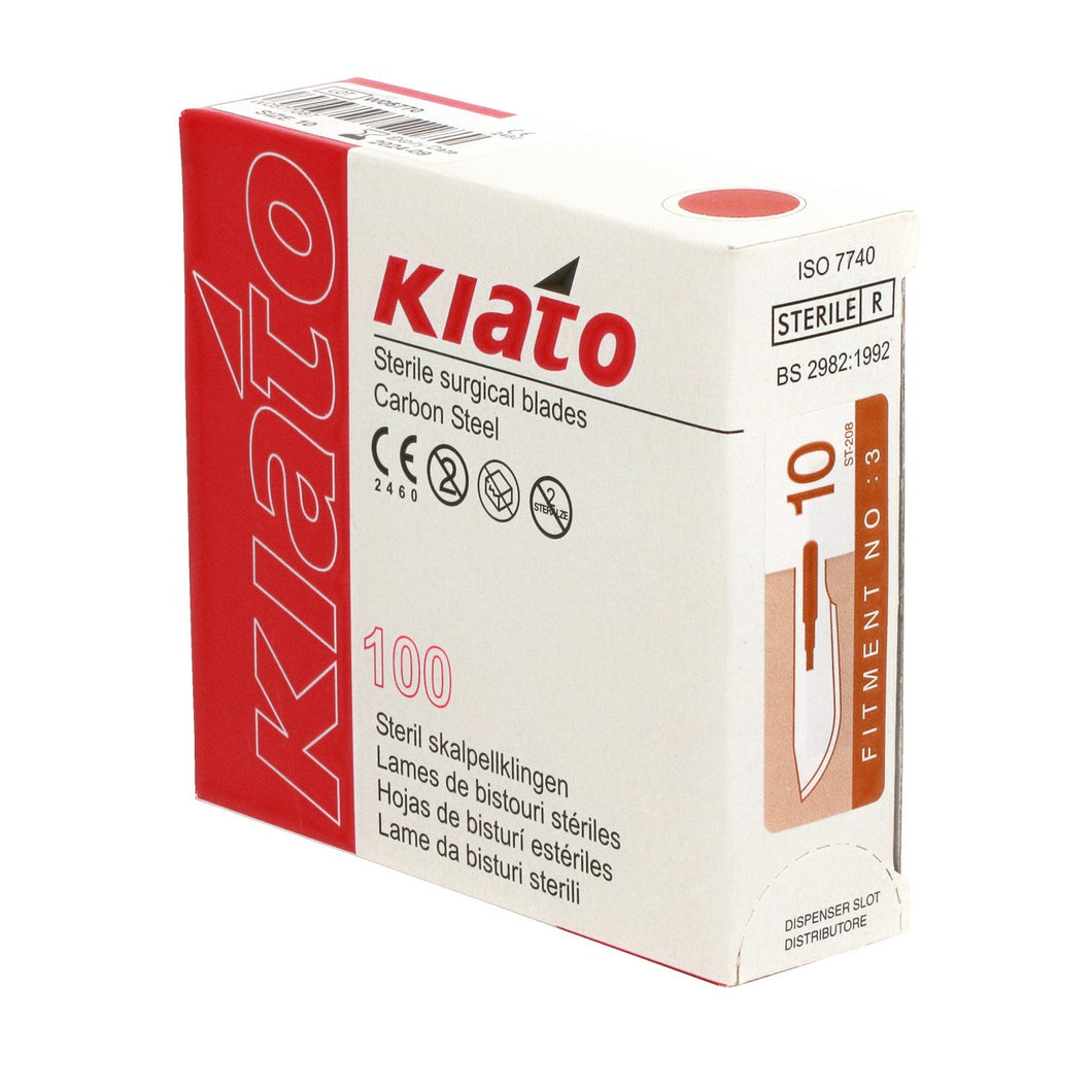 KIATO No.10 STERILE SWISS Carbon Steel Curved Cutting Edge Ultra Thin Sharp Surgical Scalpel Blades Individually Wrapped in Foils High Quality Disposable 100-count Box Long Expiry Date