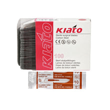Load image into Gallery viewer, KIATO No.10 STERILE SWISS Carbon Steel Curved Cutting Edge Ultra Thin Sharp Surgical Scalpel Blades Individually Wrapped in Foils High Quality Disposable 100-count Box Long Expiry Date
