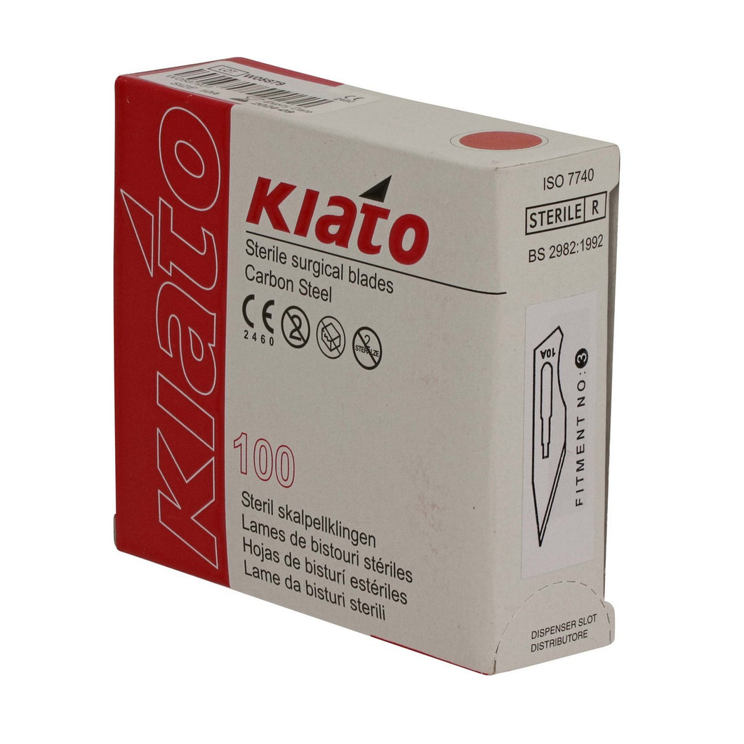 KIATO No.10A STERILE SWISS Carbon Steel Straight Pointed Tip Cutting Edge Ultra Thin Sharp Surgical Scalpel Blades Individually Wrapped in Foils High Quality Disposable 100-count Box Long Expiry Date