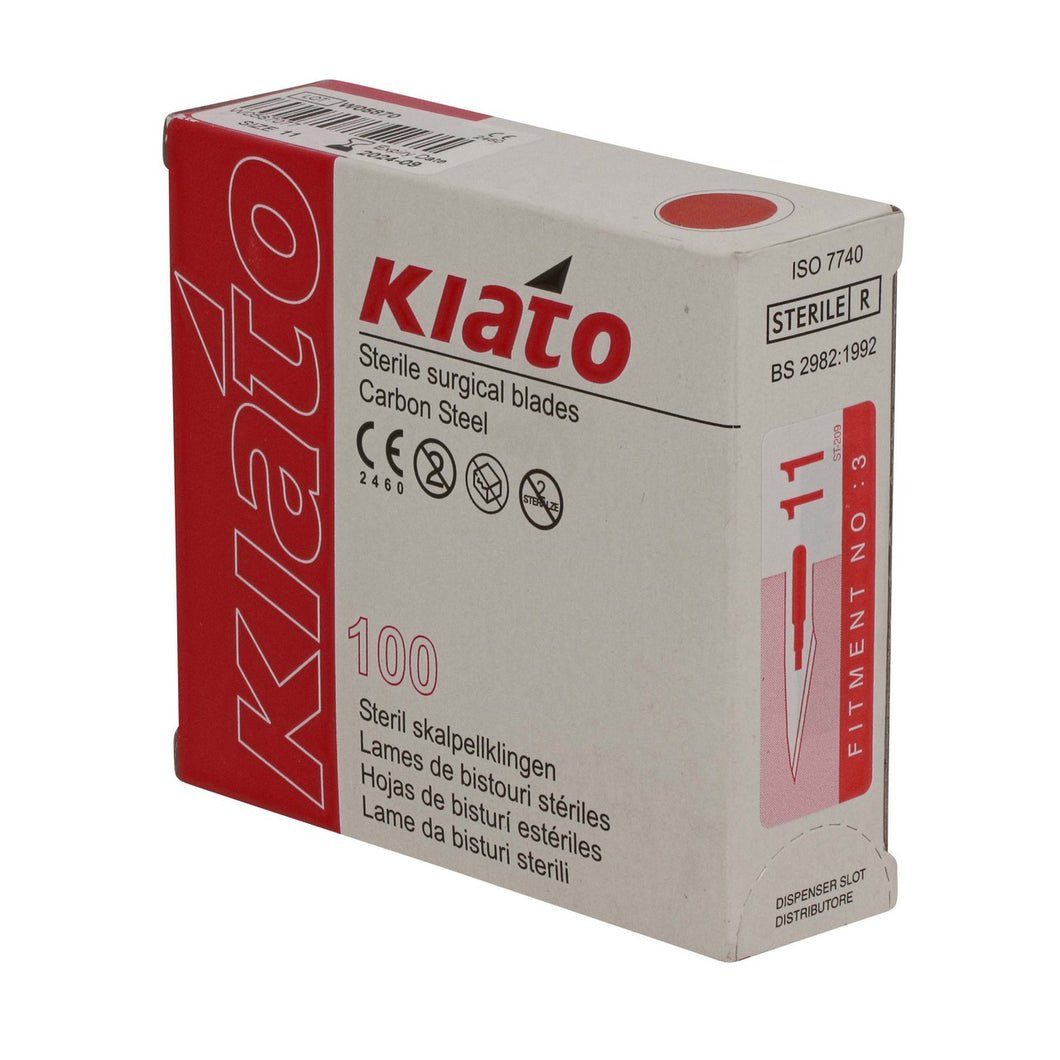 KIATO No.11 STERILE SWISS Carbon Steel Triangular Straight Cutting Edge Ultra Thin Sharp Surgical Scalpel Blades Individually Wrapped in Foils High Quality Disposable 100-count Box Long Expiry Date