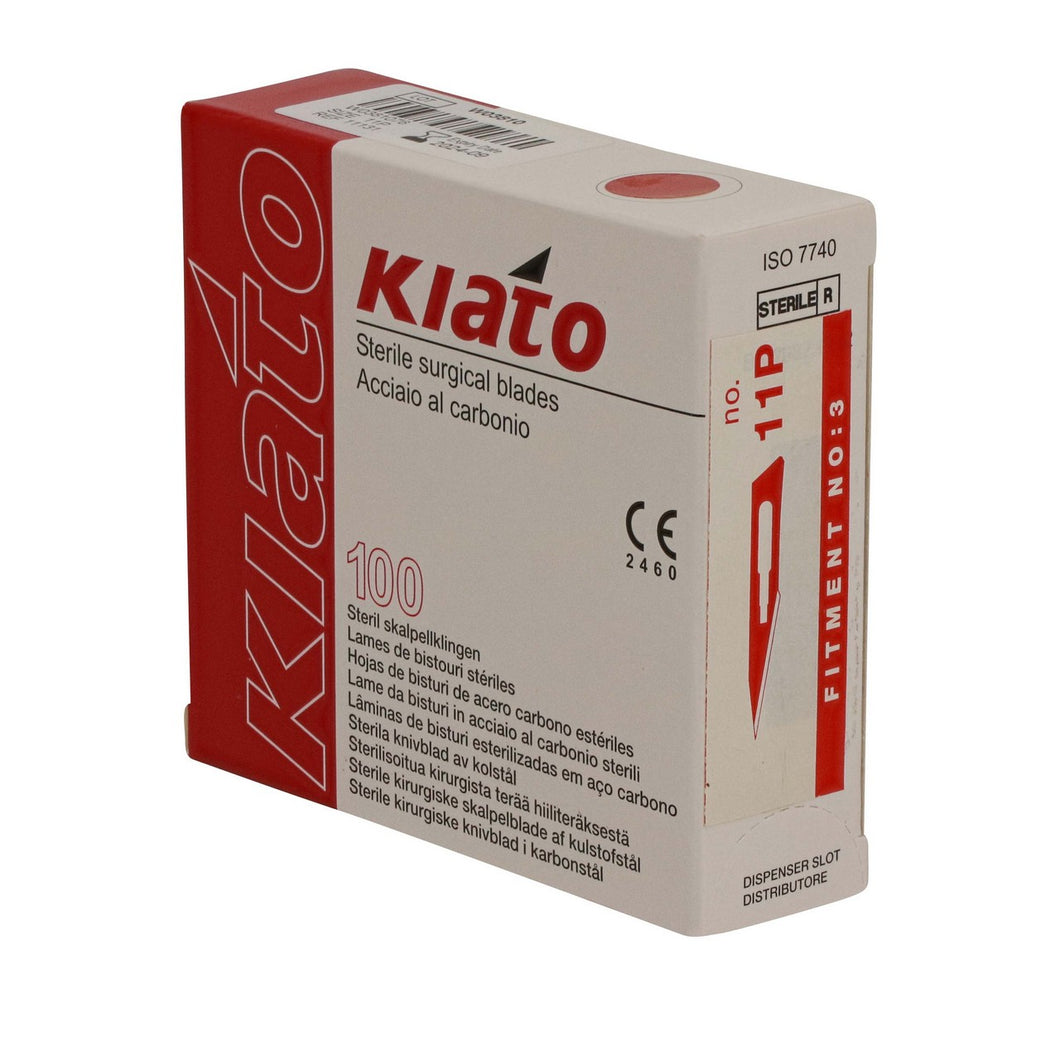 KIATO No.11P STERILE SWISS Carbon Steel Triangular Straight Cutting Edge Ultra Thin Sharp Surgical Scalpel Blades Individually Wrapped in Foils High Quality Disposable 100-count Box Long Expiry Date