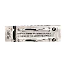 Load image into Gallery viewer, KIATO No.11P STERILE SWISS Carbon Steel Triangular Straight Cutting Edge Ultra Thin Sharp Surgical Scalpel Blades Individually Wrapped in Foils High Quality Disposable 100-count Box Long Expiry Date
