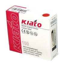 Load image into Gallery viewer, KIATO No.12D STERILE SWISS Carbon Steel Crescent Shape Cutting Edge Ultra Thin Sharp Surgical Scalpel Blades Individually Wrapped in Foils High Quality Disposable 100-count Box Long Expiry Date
