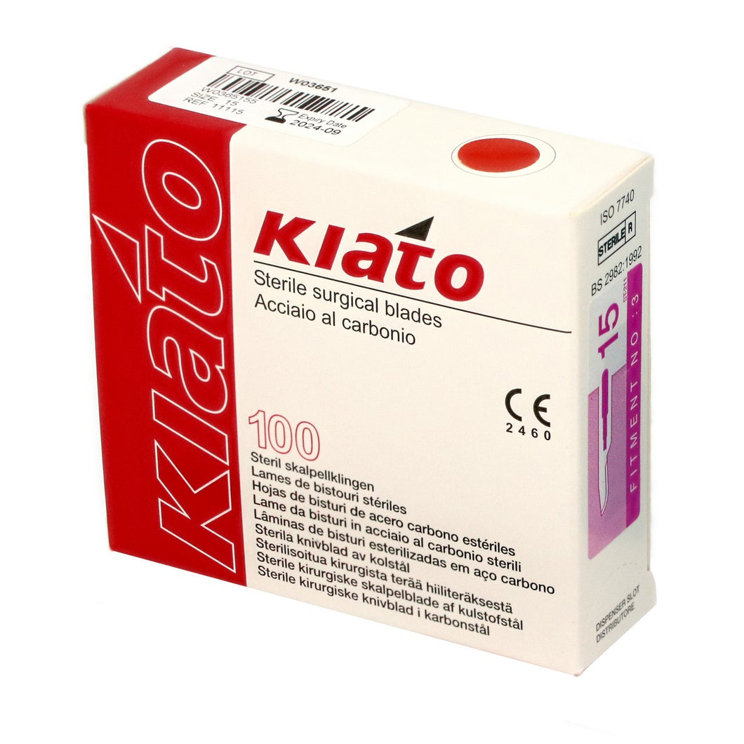 KIATO No.15 STERILE SWISS Carbon Steel Short Curved Cutting Edge Ultra Thin Sharp Surgical Scalpel Blades Individually Wrapped in Foils High Quality Disposable 100-count Box Long Expiry Date