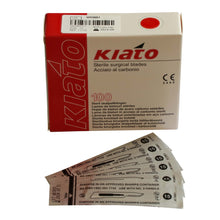 Load image into Gallery viewer, KIATO No.15 STERILE SWISS Carbon Steel Short Curved Cutting Edge Ultra Thin Sharp Surgical Scalpel Blades Individually Wrapped in Foils High Quality Disposable 100-count Box Long Expiry Date
