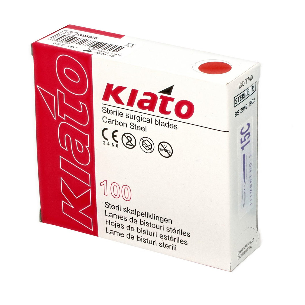 KIATO No.15C STERILE SWISS Carbon Steel Longer Curved Cutting Edge Ultra Thin Sharp Surgical Scalpel Blades Individually Wrapped in Foils High Quality Disposable 100-count Box Long Expiry Date