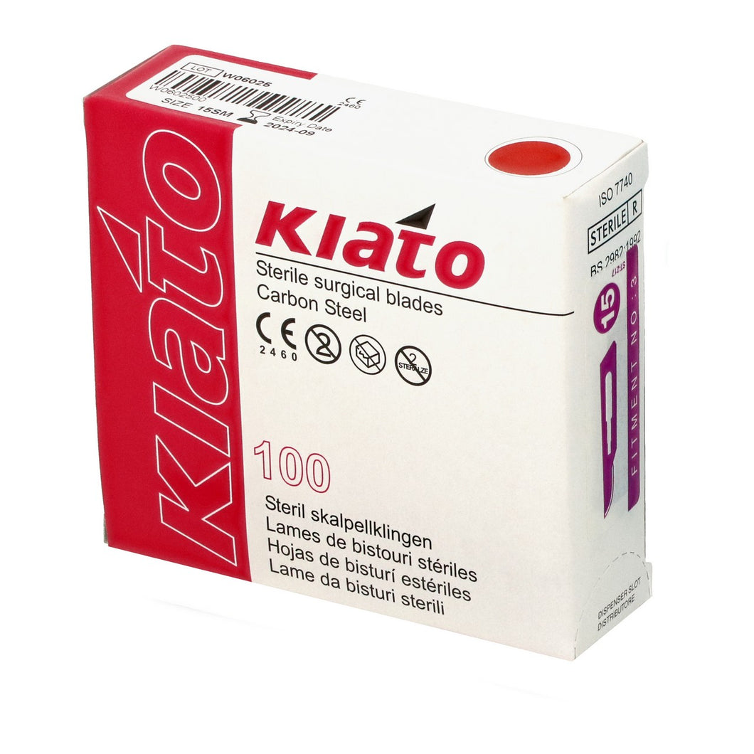 KIATO No.15SM STERILE SWISS Carbon Steel Longer Curved Cutting Edge Ultra Thin Sharp Surgical Scalpel Blades Individually Wrapped in Foils High Quality Disposable 100-count Box Long Expiry Date