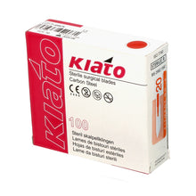 Load image into Gallery viewer, KIATO No.20 STERILE SWISS Carbon Steel Long Edge Cutting Edge Ultra Thin Sharp Surgical Scalpel Blades Individually Wrapped in Foils High Quality Disposable 100-count Box Long Expiry Date
