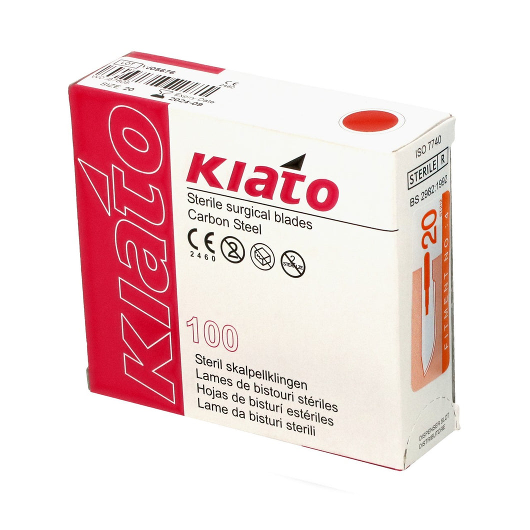 KIATO No.20 STERILE SWISS Carbon Steel Long Edge Cutting Edge Ultra Thin Sharp Surgical Scalpel Blades Individually Wrapped in Foils High Quality Disposable 100-count Box Long Expiry Date