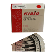 Load image into Gallery viewer, KIATO No.22 STERILE SWISS Carbon Steel Long Cutting Edge Ultra Thin Sharp Surgical Scalpel Blades Individually Wrapped in Foils High Quality Disposable 100-count Box Long Expiry Date
