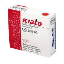 Load image into Gallery viewer, KIATO No.25 STERILE SWISS Carbon Steel Semi Circular Cutting Edge Ultra Thin Sharp Surgical Scalpel Blades Individually Wrapped in Foils High Quality Disposable 100-count Box Long Expiry Date
