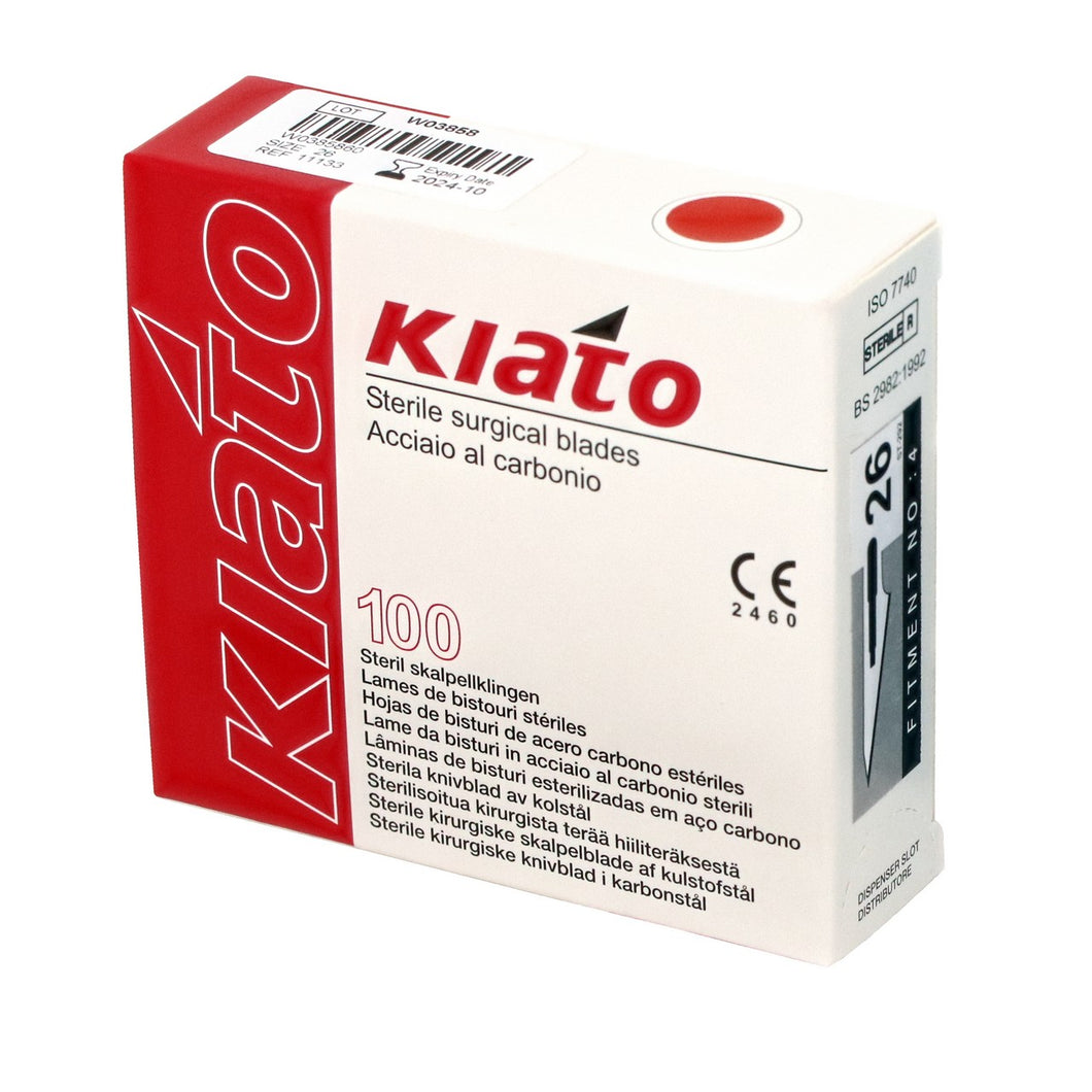 KIATO No.26 STERILE SWISS Carbon Steel Fine Point Diagonal Cutting Edge Ultra Thin Sharp Surgical Scalpel Blades Individually Wrapped in Foils High Quality Disposable 100-count Box Long Expiry Date