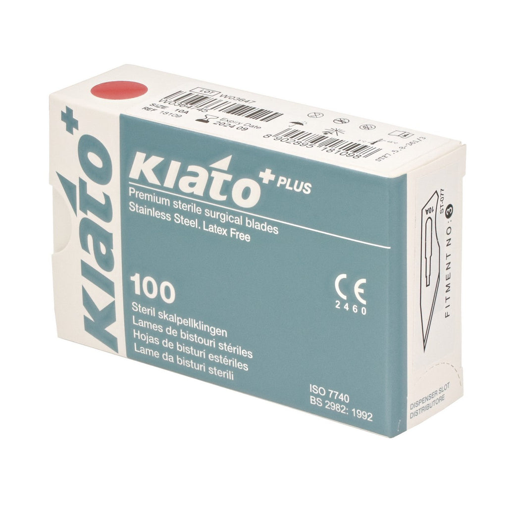 KIATO No.10A STERILE SWISS Stainless Steel Straight Pointed Tip Cutting Edge Ultra Thin Sharp Surgical Scalpel Blades Individually Sealed Foils High Quality Disposable 100-count Box Long Expiry Date
