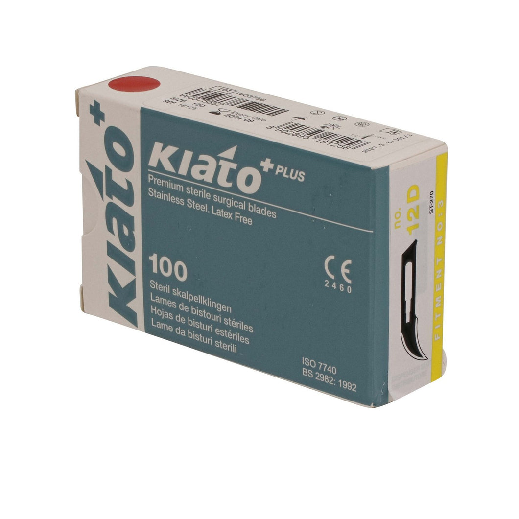 KIATO No.12D STERILE SWISS Stainless Steel Crescent Shape Cutting Edge Ultra Thin Sharp Surgical Scalpel Blades Individually Wrapped in Foils High Quality Disposable 100-count Box Long Expiry Date