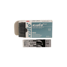 Load image into Gallery viewer, KIATO No.12D STERILE SWISS Stainless Steel Crescent Shape Cutting Edge Ultra Thin Sharp Surgical Scalpel Blades Individually Wrapped in Foils High Quality Disposable 100-count Box Long Expiry Date
