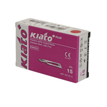 Load image into Gallery viewer, KIATO No.15 STERILE SWISS Stainless Steel Short Curved Cutting Edge Ultra Thin Sharp Surgical Scalpel Blades Individually Wrapped in Foils High Quality Disposable 100-count Box Long Expiry Date
