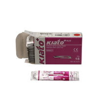 Load image into Gallery viewer, KIATO No.15 STERILE SWISS Stainless Steel Short Curved Cutting Edge Ultra Thin Sharp Surgical Scalpel Blades Individually Wrapped in Foils High Quality Disposable 100-count Box Long Expiry Date
