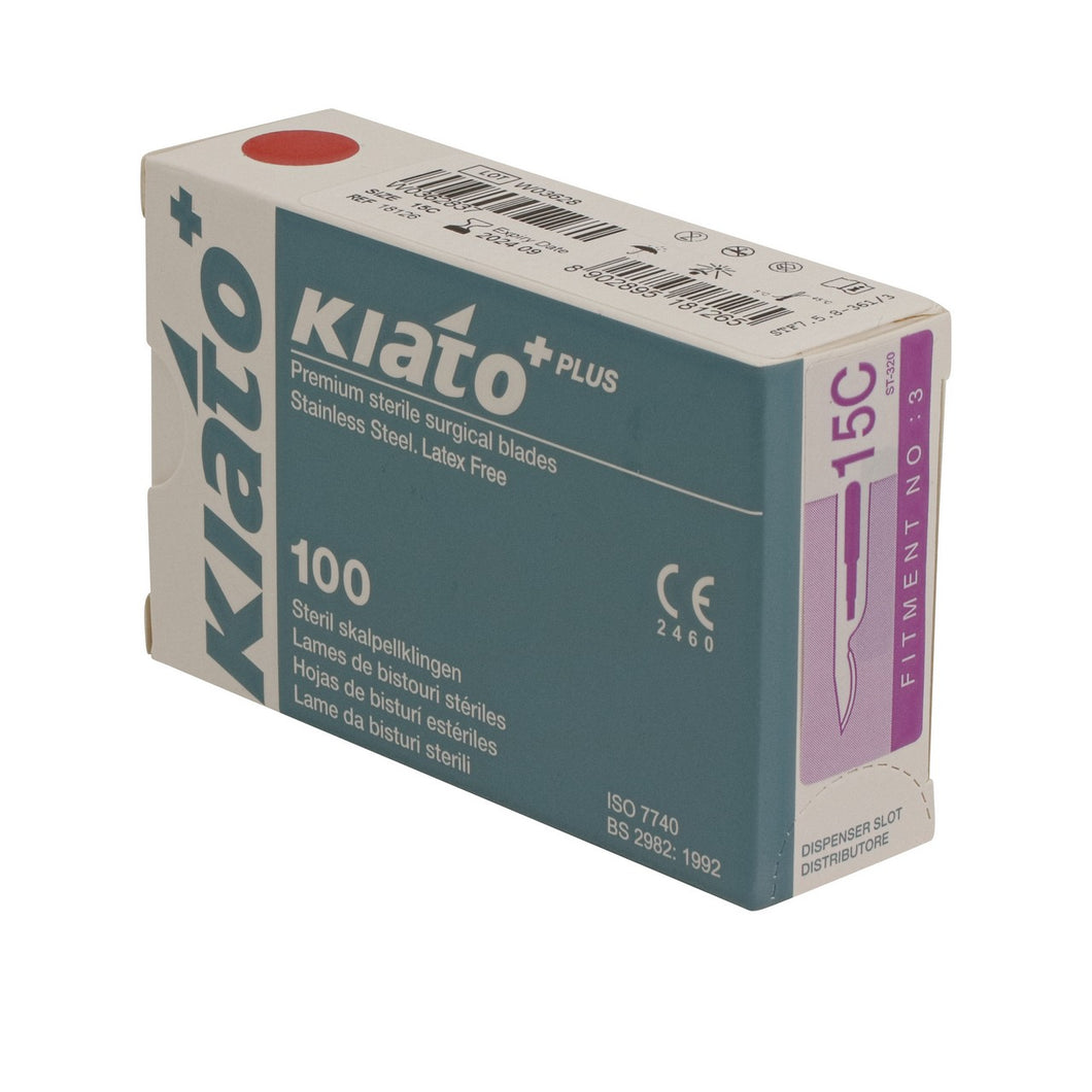 KIATO No.15C STERILE SWISS Stainless Steel Longer Curved Cutting Edge Ultra Thin Sharp Surgical Scalpel Blades Individually Wrapped in Foils High Quality Disposable 100-count Box Long Expiry Date