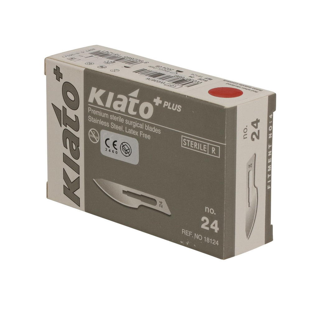 KIATO No.24 STERILE SWISS Stainless Steel Semi Circular Cutting Edge Ultra Thin Sharp Surgical Scalpel Blades Individually Wrapped in Foils High Quality Disposable 100-count Box Long Expiry Date